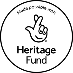 A graphic image with text that says 'Made possible with Heritage Fund', and the logo of the National Lottery: a drawing of a hand with two fingers crossed, like for luck.